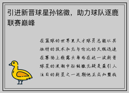 引进新晋球星孙铭徽，助力球队逐鹿联赛巅峰